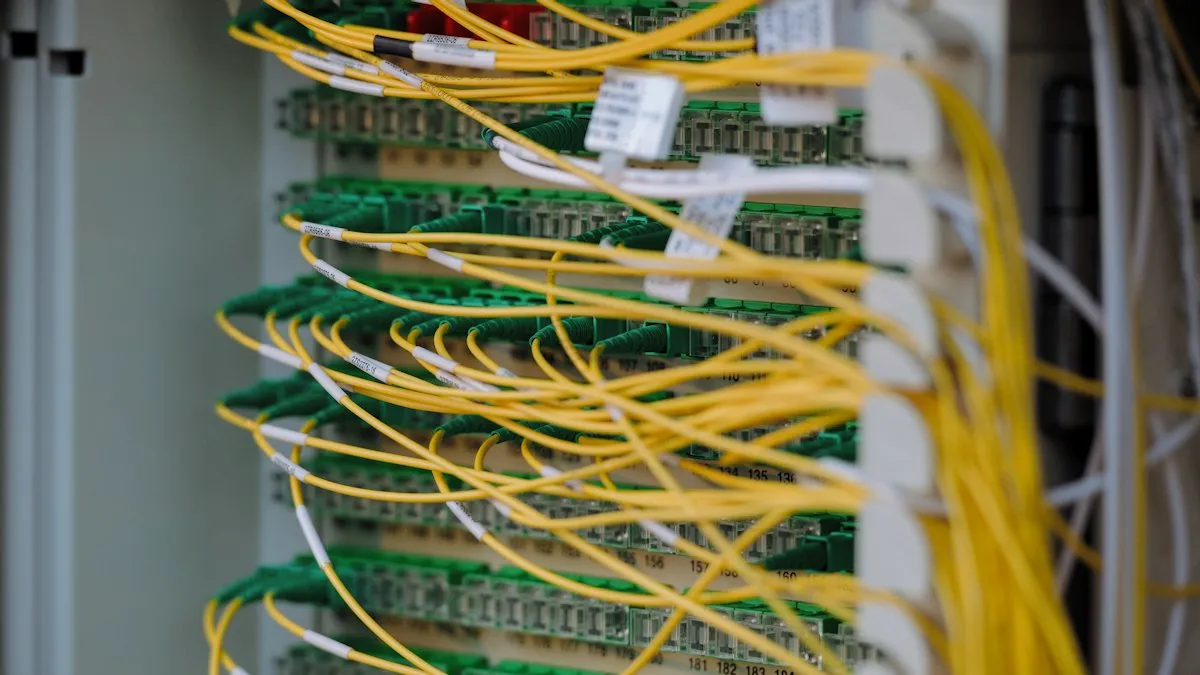 Cables de fibra óptica amarillos y verdes conectados de forma ordenada